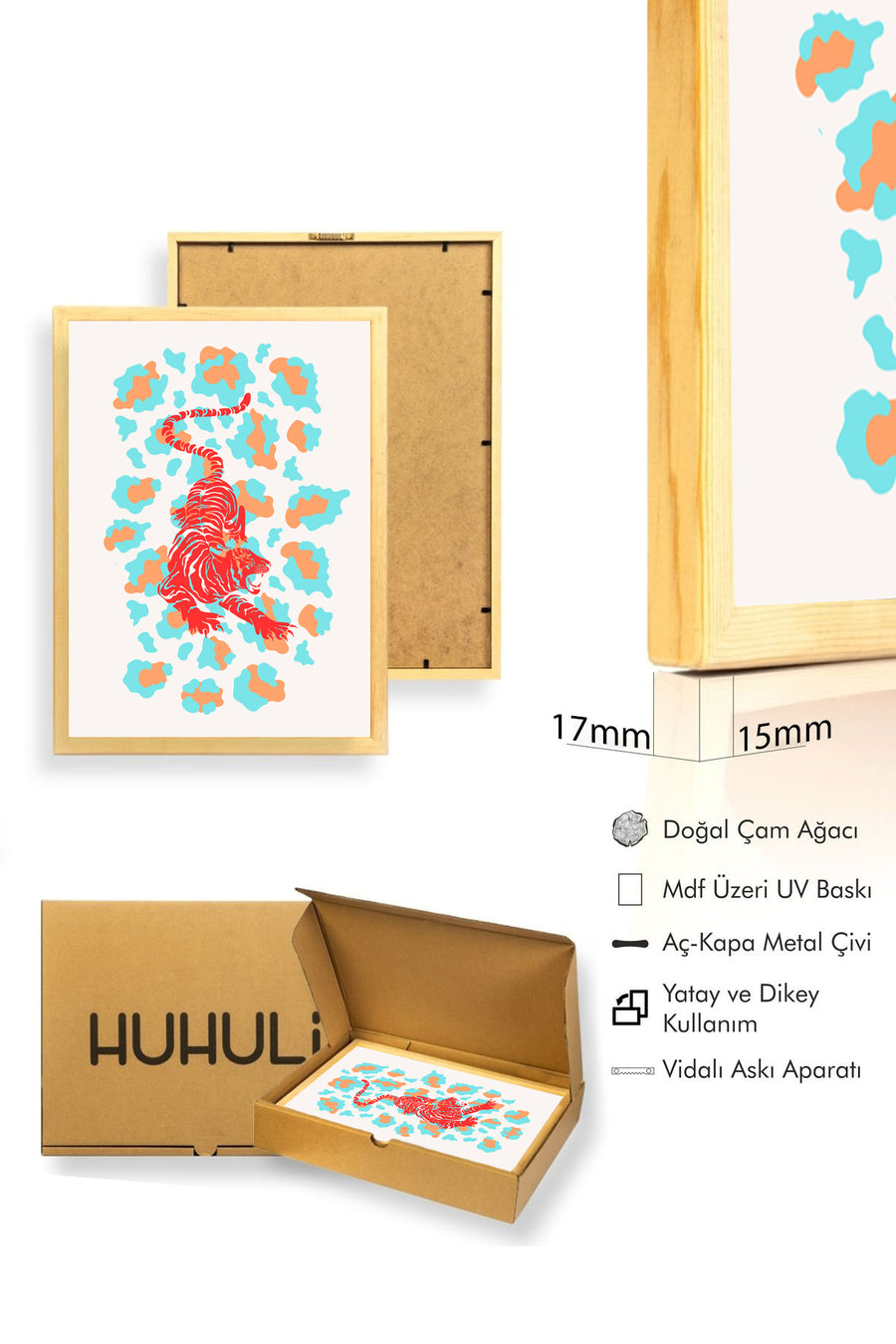 Doğal Ahşap Çerçeveli Retro Kaplan Tablo - Safari Hayvanları Sanat Baskısı | huhu2409