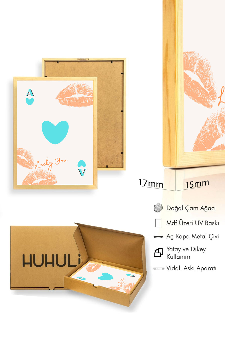Doğal Ahşap Çerçeveli Romantik Pop Art Tablo - Kalp ve Dudak İzi Desenli | huhu2410