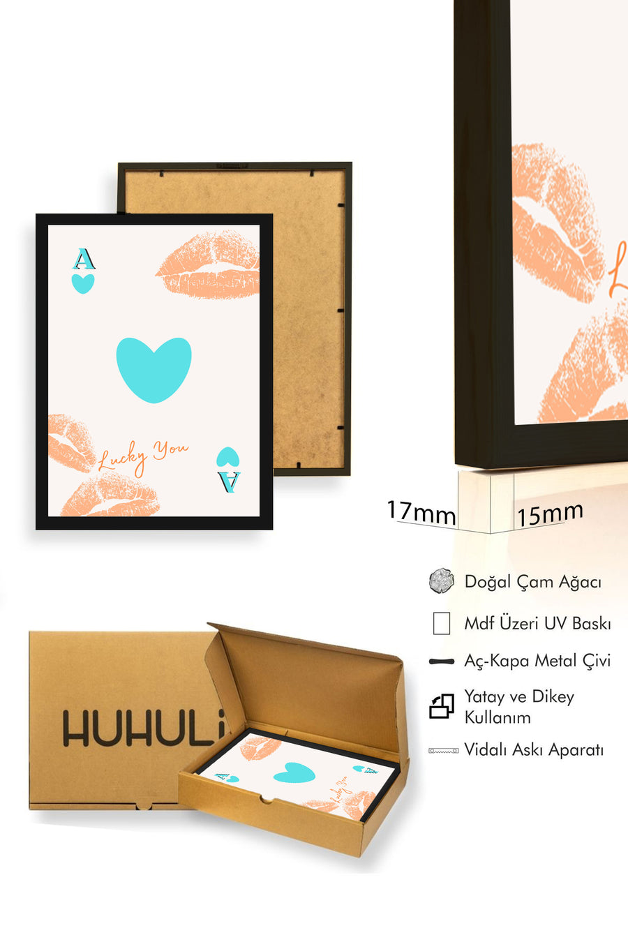 Doğal Ahşap Çerçeveli Romantik Pop Art Tablo - Kalp ve Dudak İzi Desenli | huhu2410