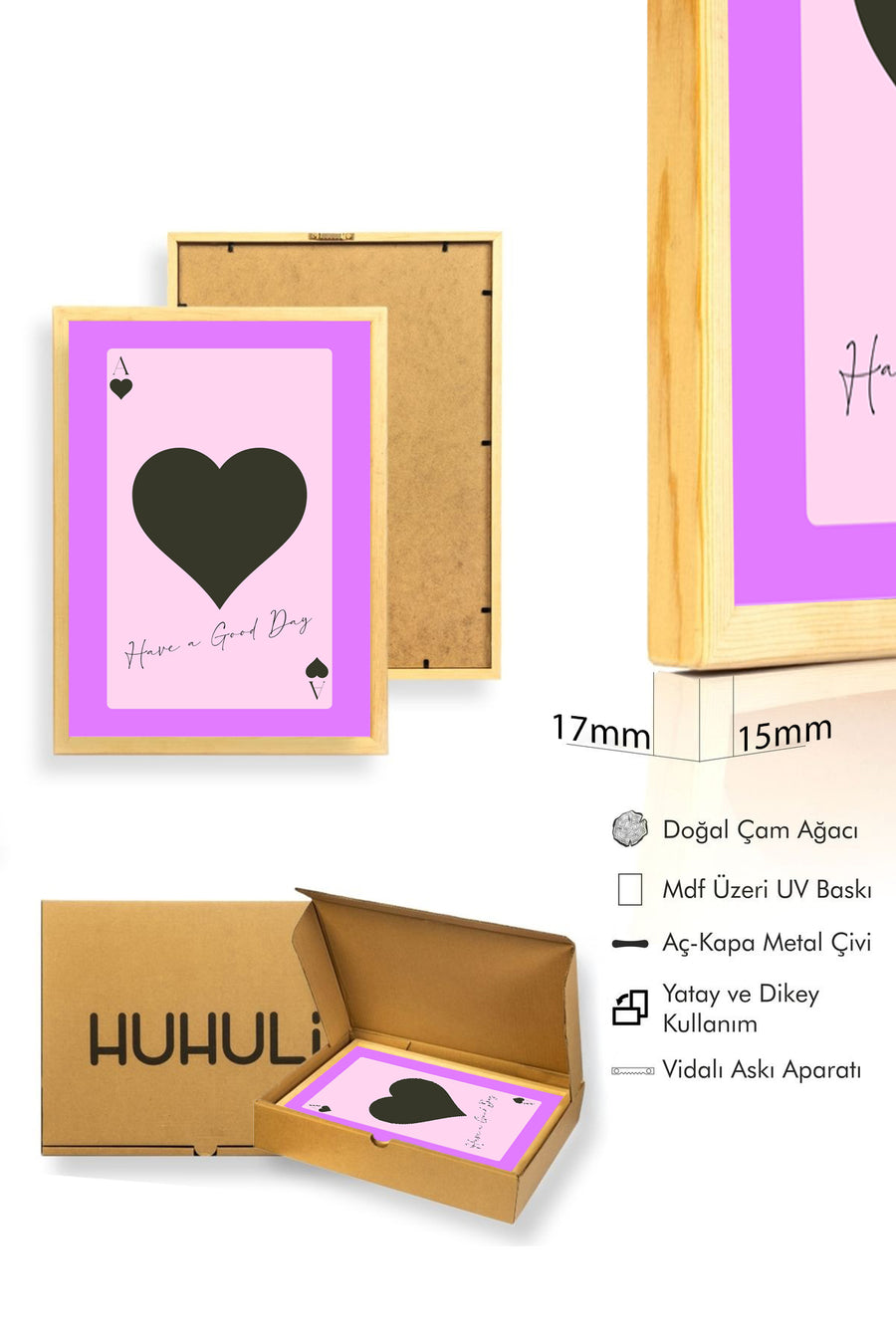 Doğal Ahşap Çerçeveli Retro Kalpli Tablo - Sevgi Mesajı | huhu2413