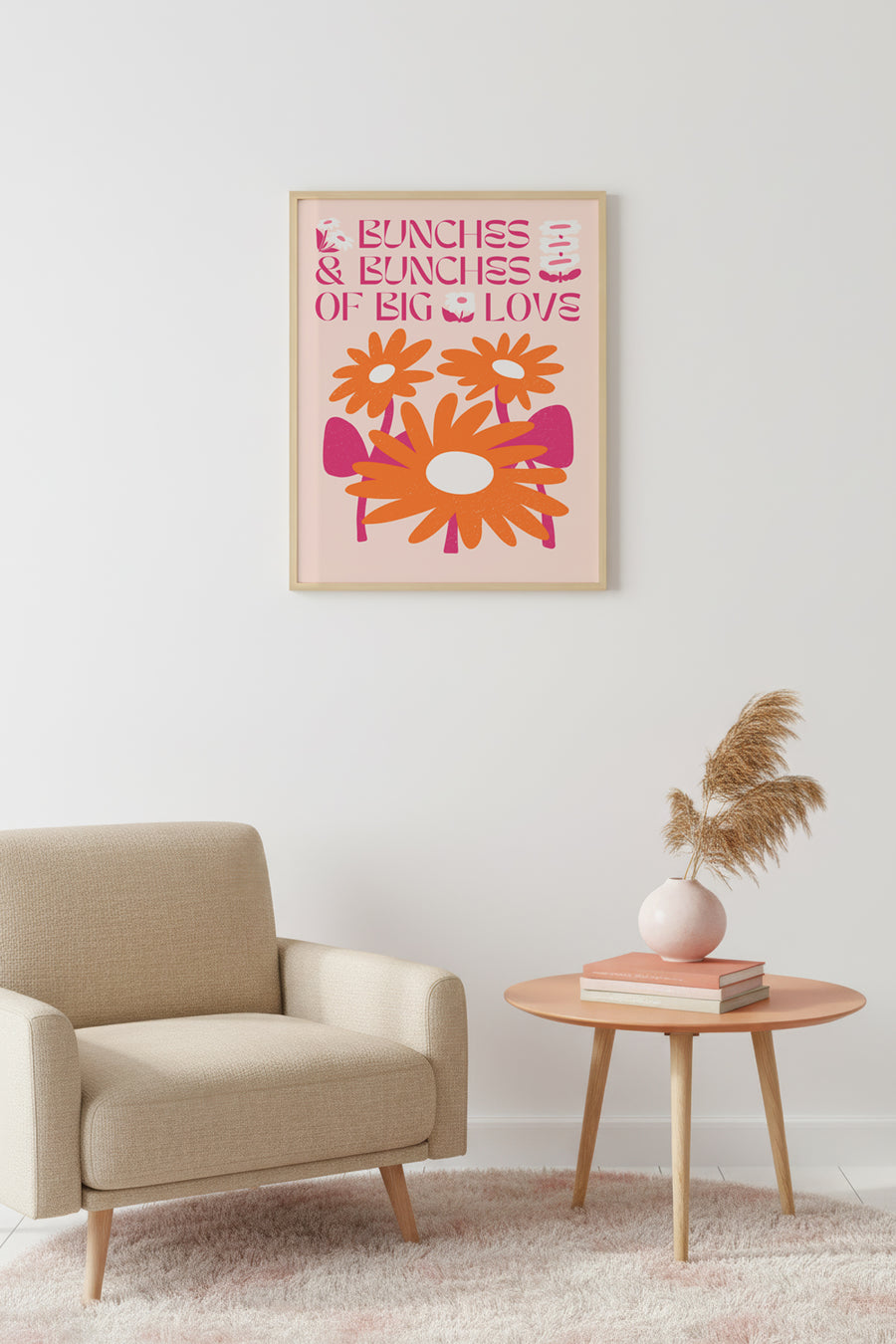 Doğal Ahşap Çerçeveli Retro Çiçekli Tablo - Boho Sevgi Duvar Dekoru | huhu2418