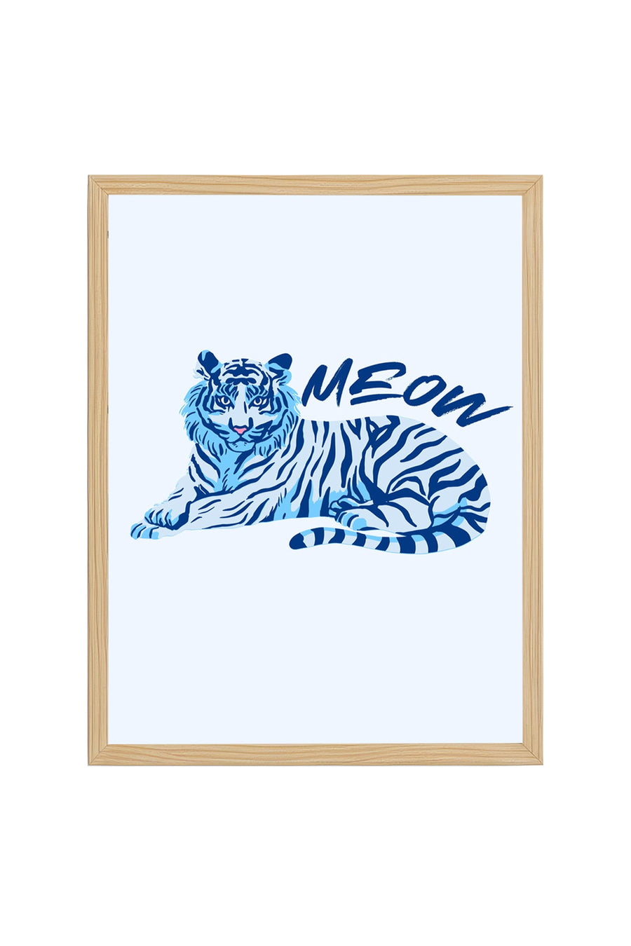Doğal Ahşap Çerçeveli Retro Kedi Tablo - Mavi Meow Desen | huhu2420