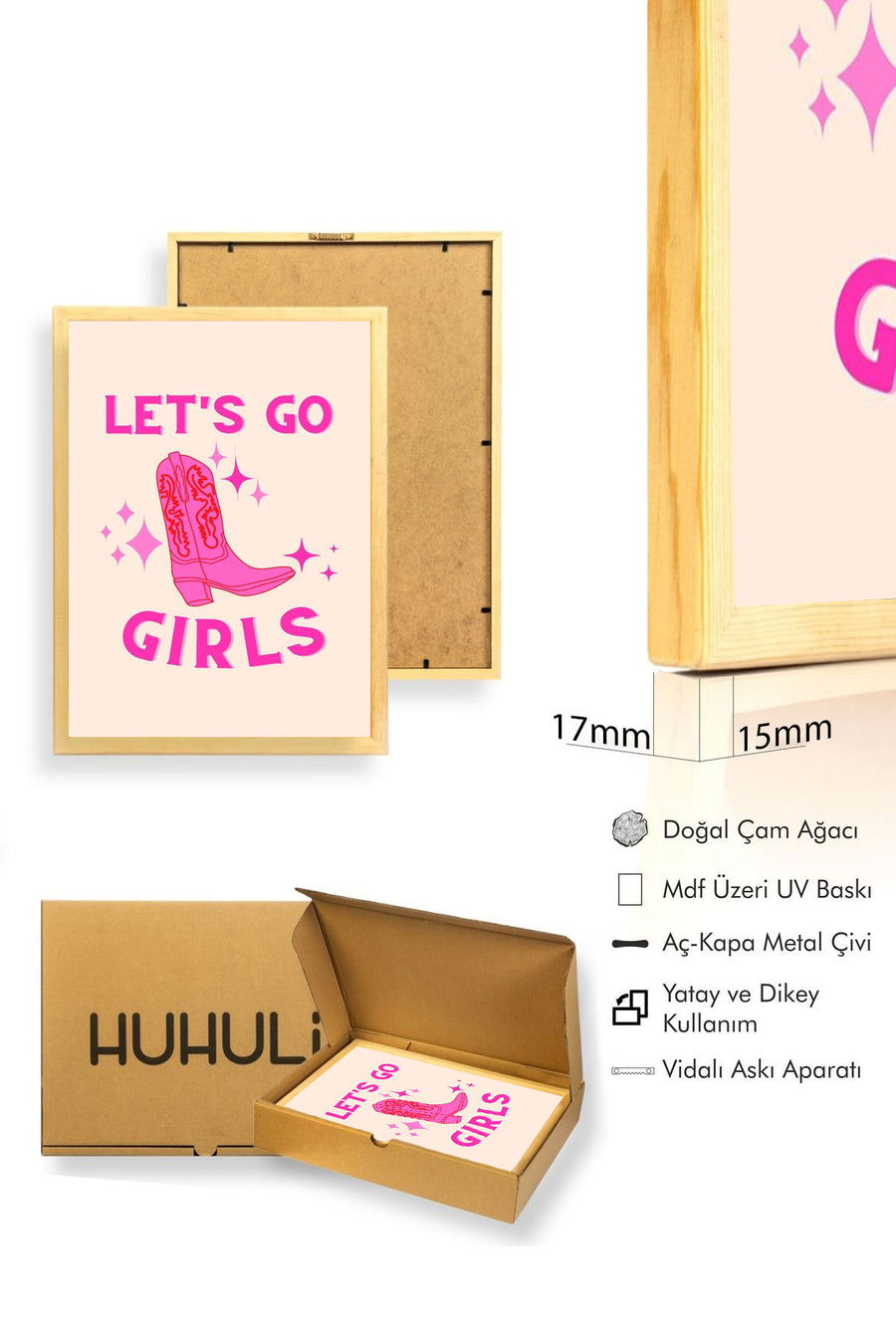 Doğal Ahşap Çerçeveli Retro Tablo - Pembe Kovboy Botlar Temalı | huhu2422