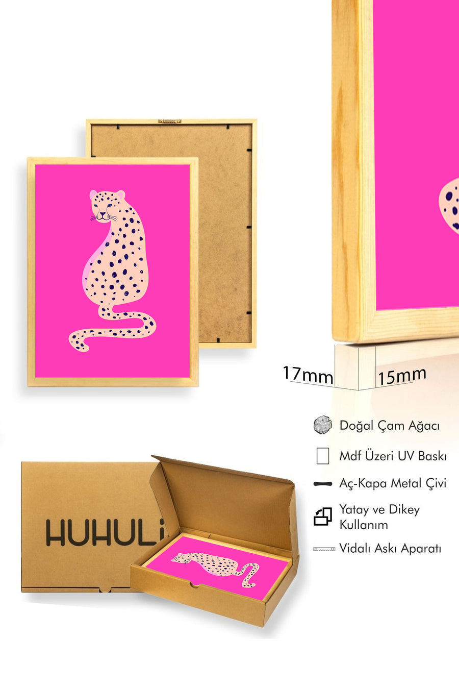 Doğal Ahşap Çerçeveli Retro Leopar Portresi Tablo - Soyut Hayvan Tasarımı | huhu2423