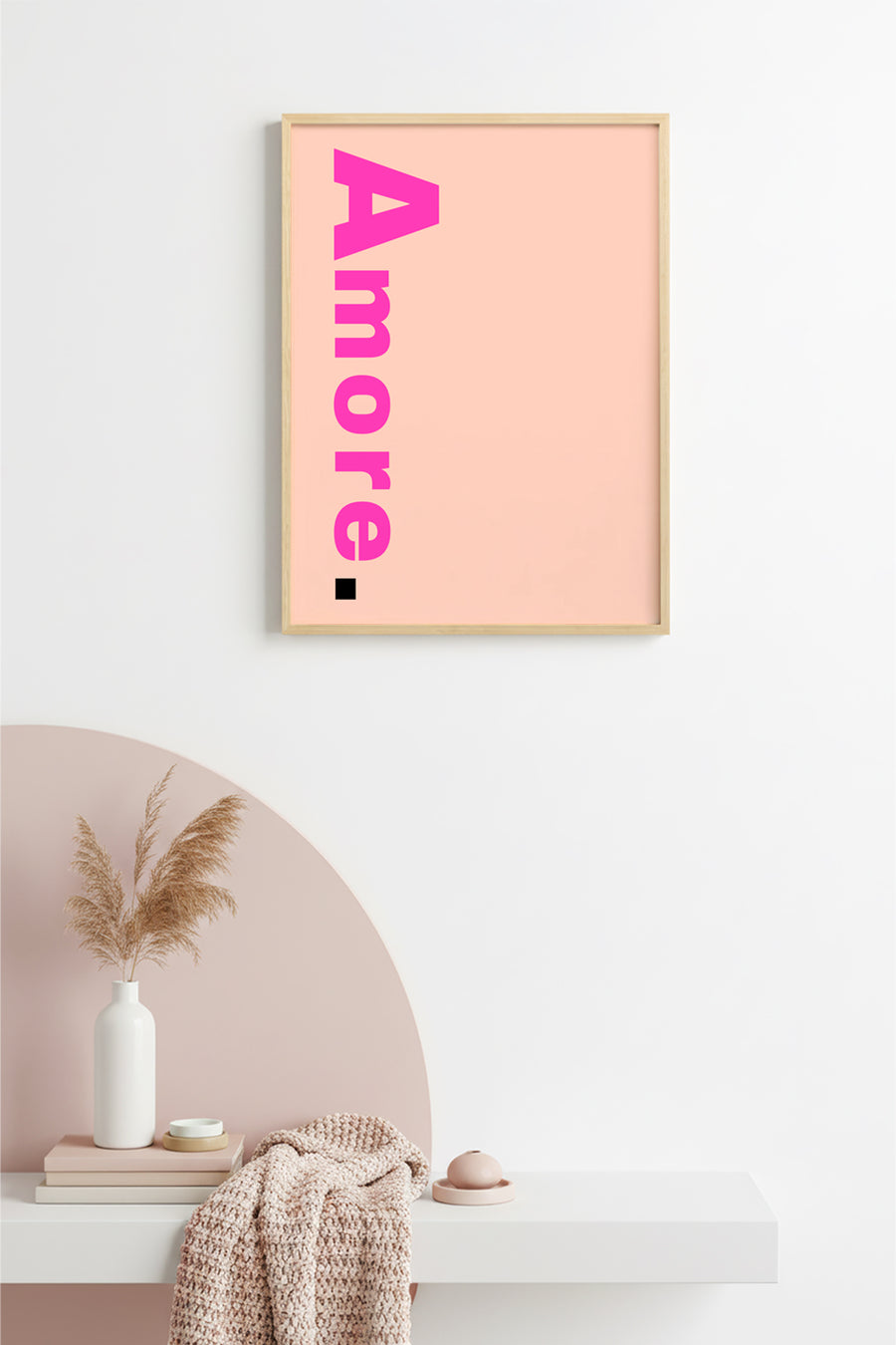 Doğal Ahşap Çerçeveli Retro Amore Yazı Tipi Tablo - Pembe | huhu2426