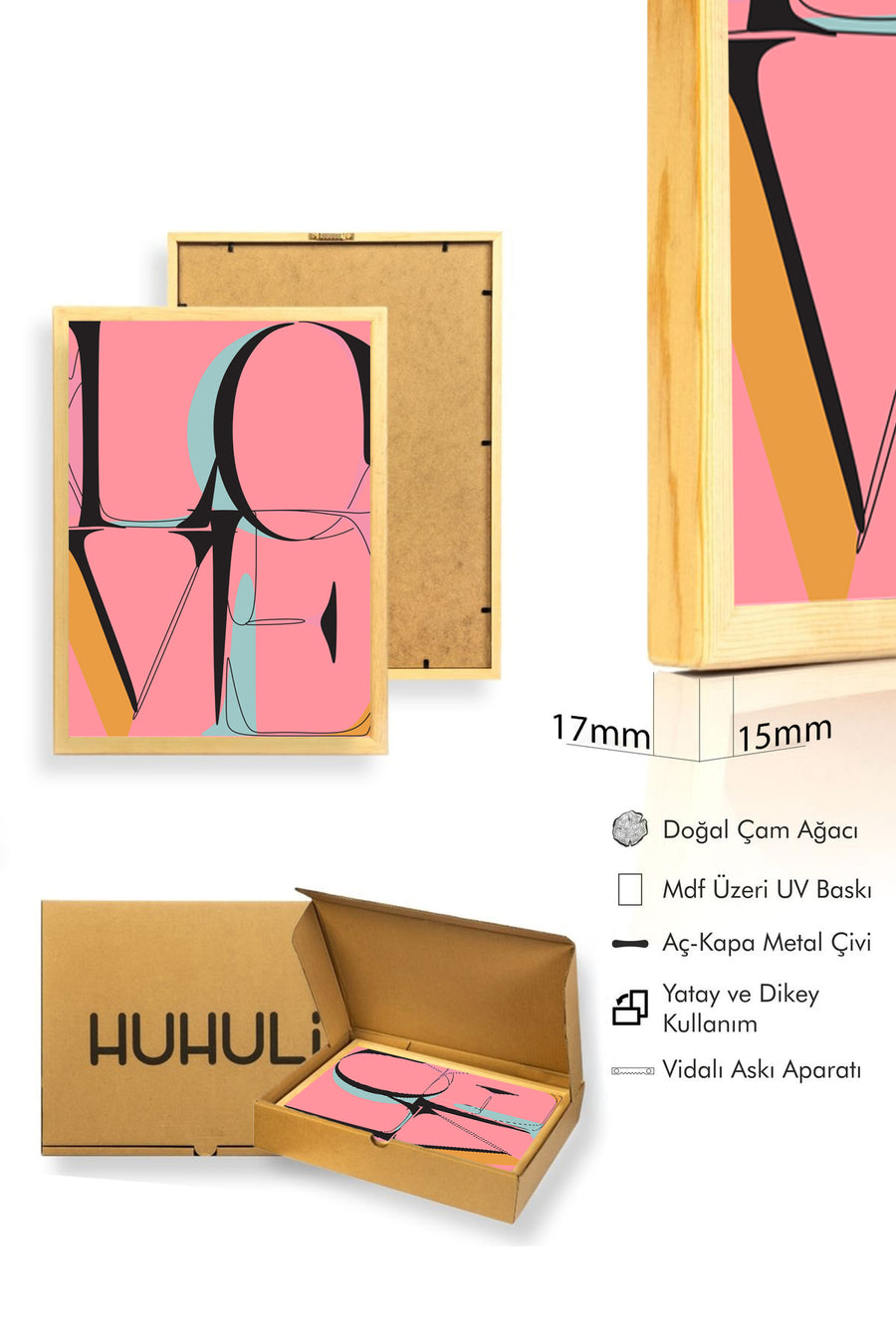 Doğal Ahşap Çerçeveli Retro Soyut Tablo - Canlı Geometrik Desen | huhu2431