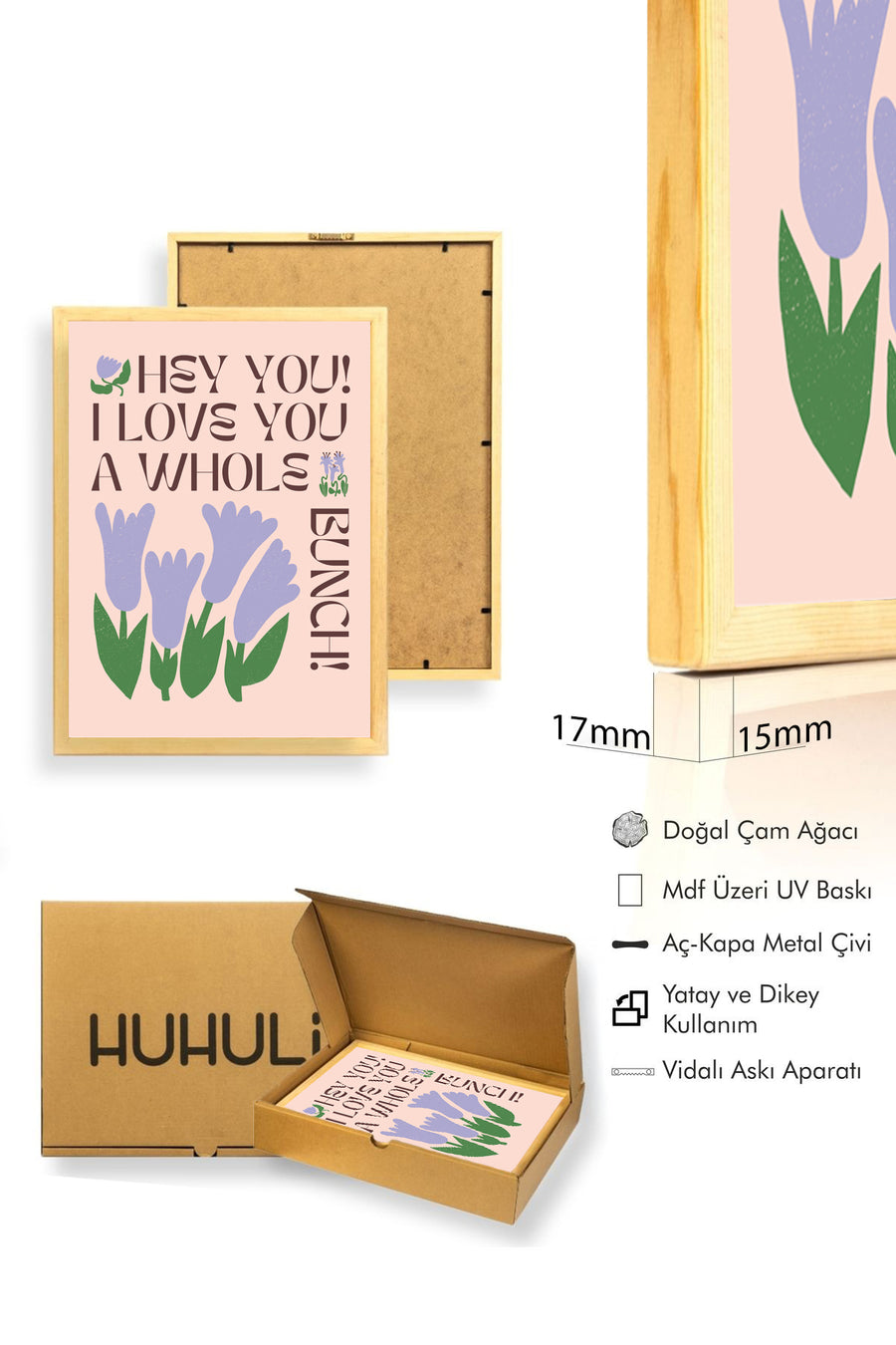 Doğal Ahşap Çerçeveli Retro Floral Tablo - Lila Çiçek Buketi | huhu2432