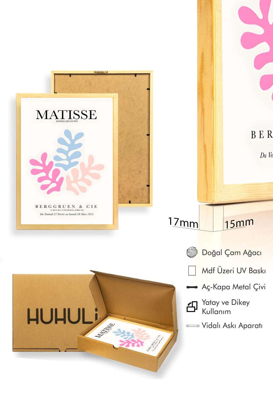 Doğal Ahşap Çerçeveli Retro Yaprak Desenli Tablo - Pastel Tonlar | huhu2434
