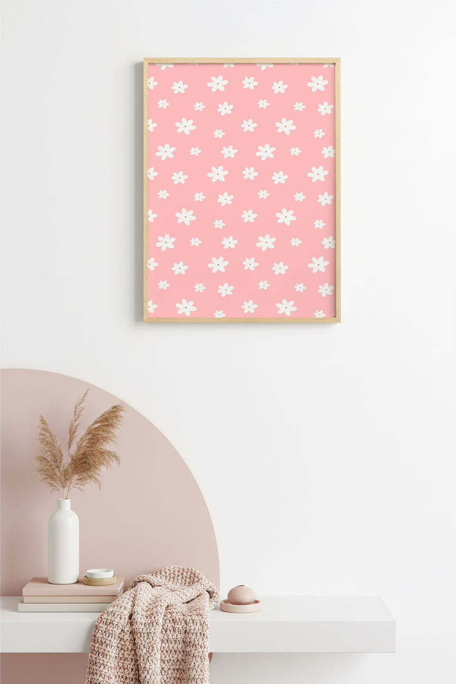 Doğal Ahşap Çerçeveli Retro Floral Çiçek Desenli Tablo - Pastel Tonlar | huhu2435