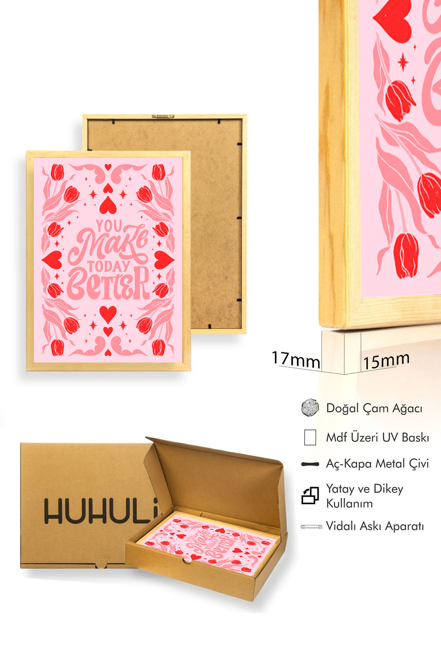 Doğal Ahşap Çerçeveli Retro Floral Tablo - Pembe ve Kırmızı Tonlar | huhu2436