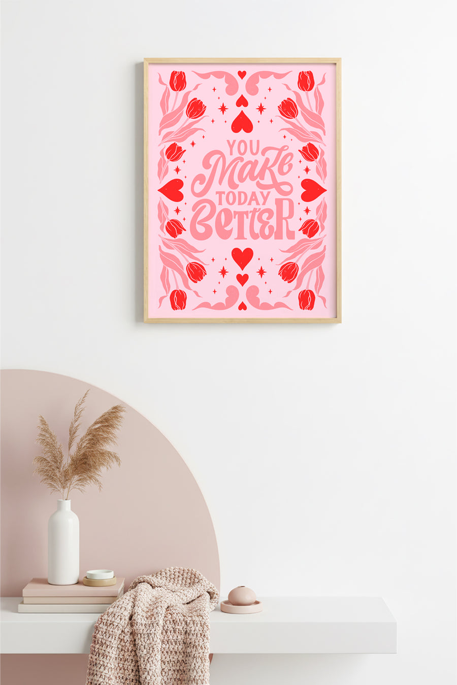 Doğal Ahşap Çerçeveli Retro Floral Tablo - Pembe ve Kırmızı Tonlar | huhu2436