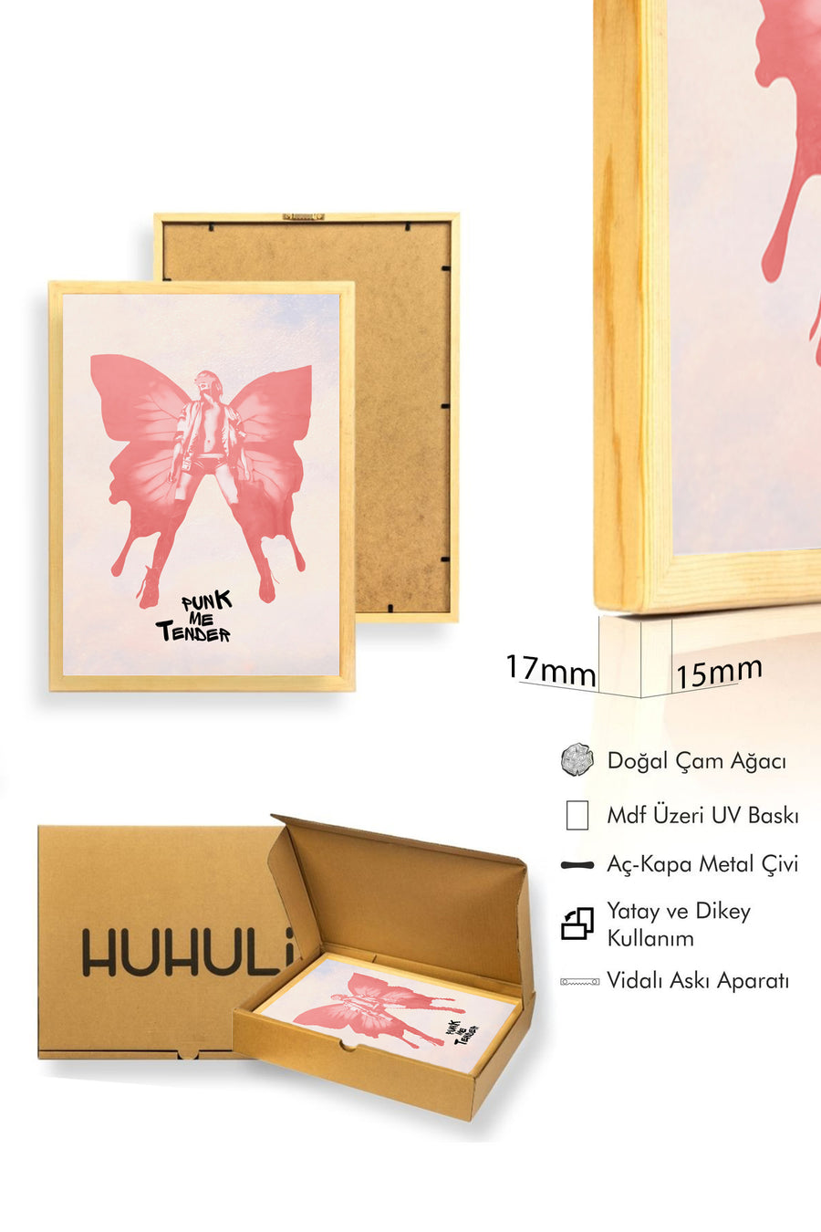 Doğal Ahşap Çerçeveli Retro Kelebek Kanatlı Tablo - Pembe Punk Tema | huhu2439