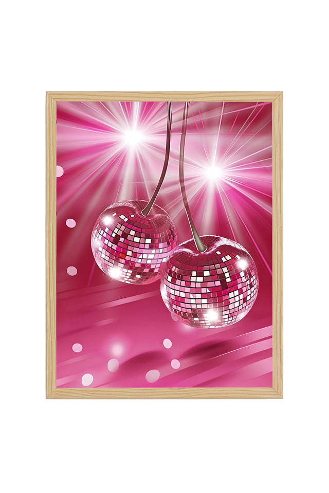 Doğal Ahşap Çerçeveli Retro Disco Çilek Tablo - Pembe Işıltı | huhu2440