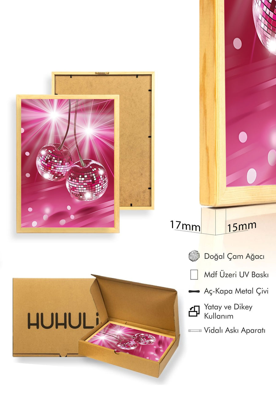 Doğal Ahşap Çerçeveli Retro Disco Çilek Tablo - Pembe Işıltı | huhu2440