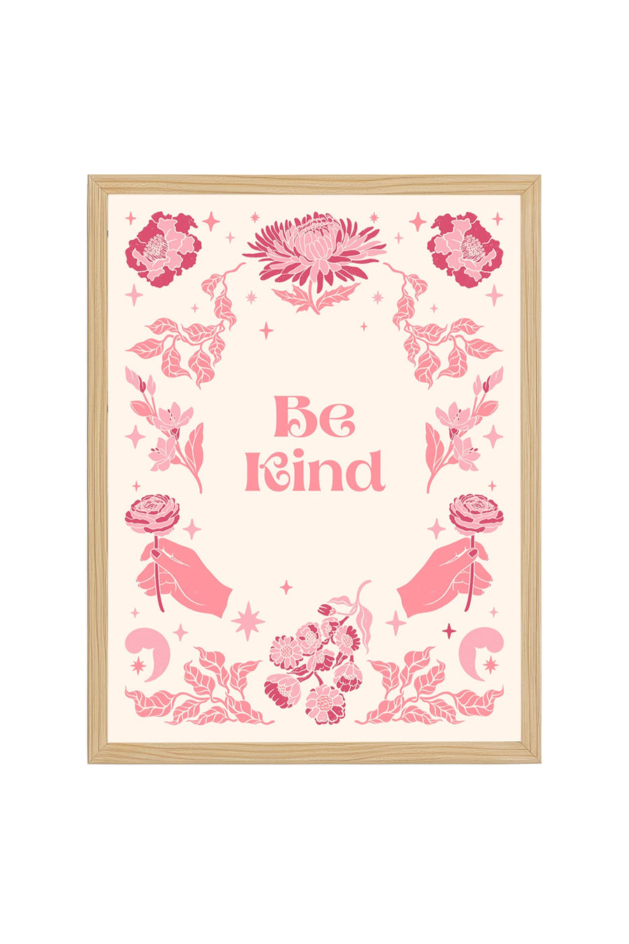 Doğal Ahşap Çerçeveli Retro Floral Tablo - Pembe Çiçekli Boho Desen | huhu2442