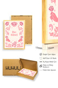 Doğal Ahşap Çerçeveli Retro Floral Tablo - Pembe Çiçekli Boho Desen | huhu2442