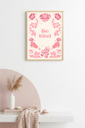 Doğal Ahşap Çerçeveli Retro Floral Tablo - Pembe Çiçekli Boho Desen | huhu2442
