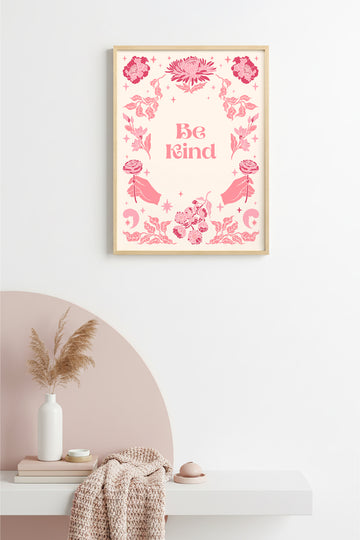 Doğal Ahşap Çerçeveli Retro Floral Tablo - Pembe Çiçekli Boho Desen | huhu2442