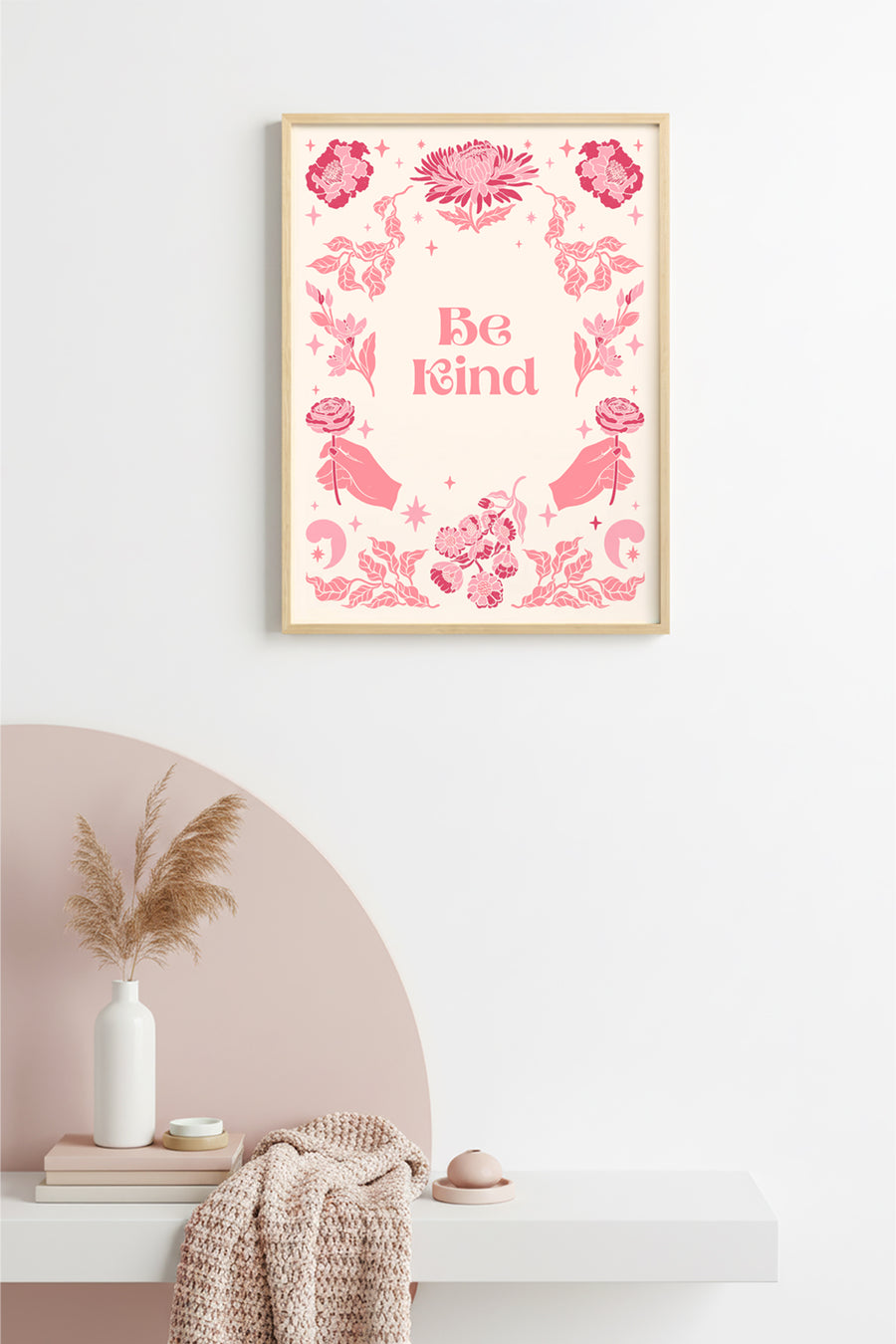 Doğal Ahşap Çerçeveli Retro Floral Tablo - Pembe Çiçekli Boho Desen | huhu2442
