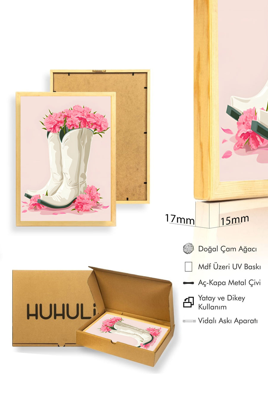 Doğal Ahşap Çerçeveli Retro Tablo - Western Bohoçiçek Temalı | huhu2445