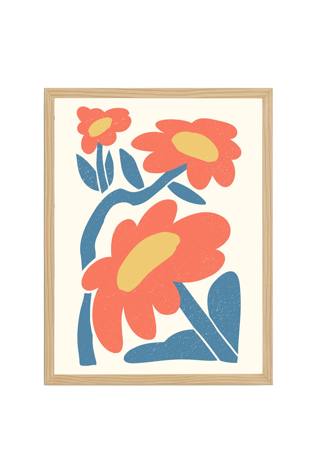 Doğal Ahşap Çerçeveli Retro Pop Art Çiçek Tablo - Canlı Tonlar | huhu2446