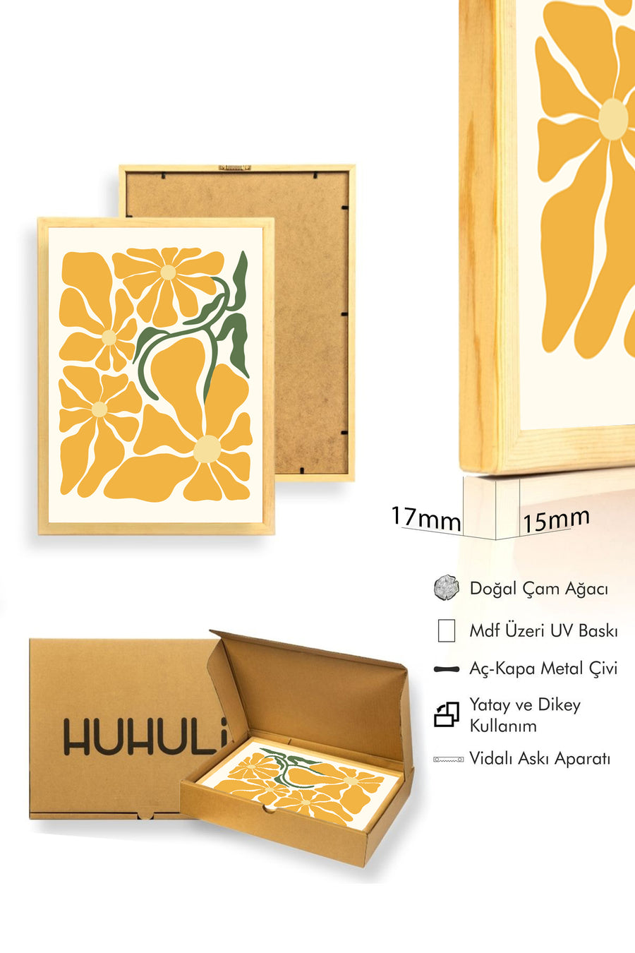 Doğal Ahşap Çerçeveli Retro Çiçek Desenli Tablo - Sarı Tonlar | huhu2453