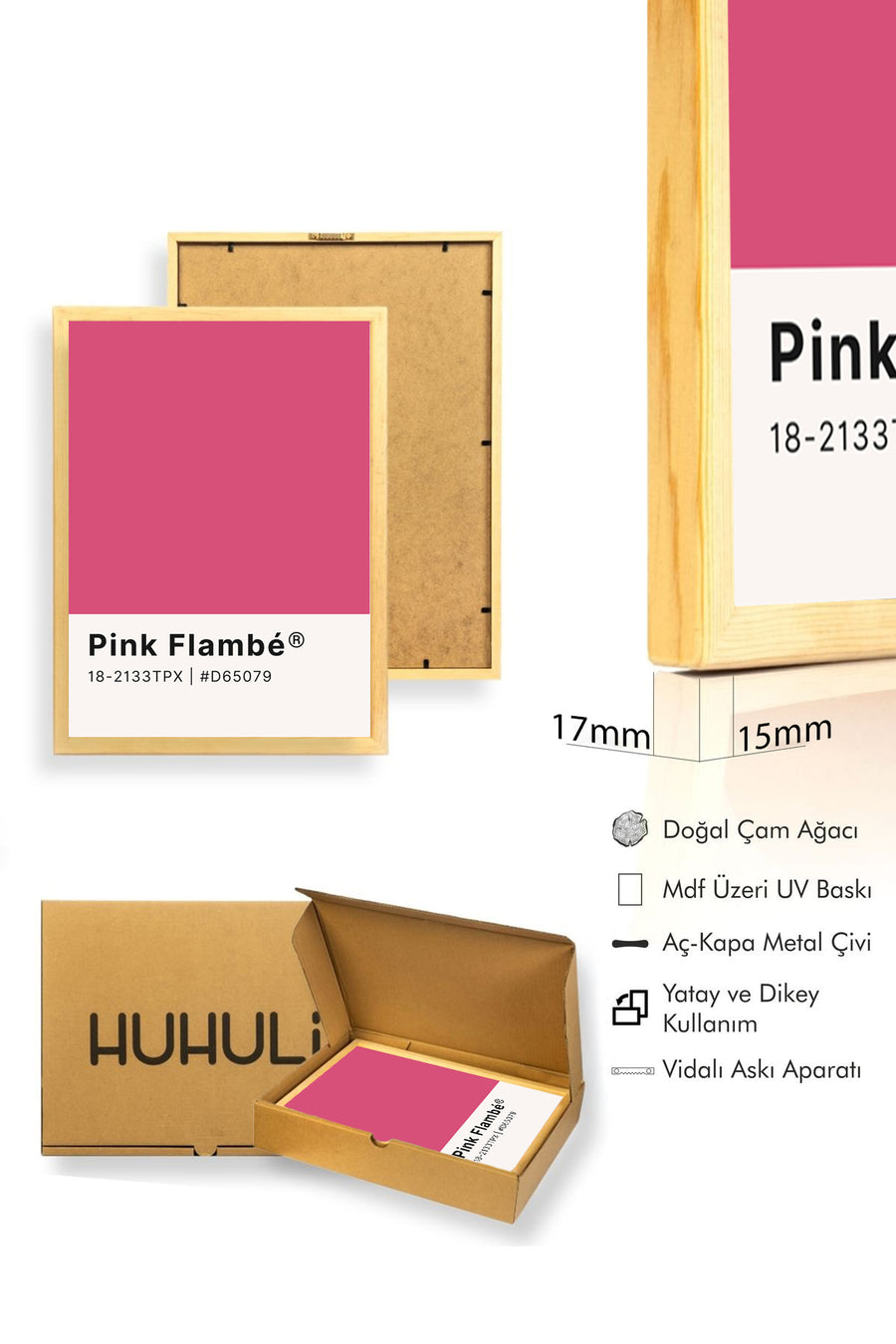 Doğal Ahşap Çerçeveli Retro Tablo - Minimal Pembe Dekoratif Tablo | huhu2456