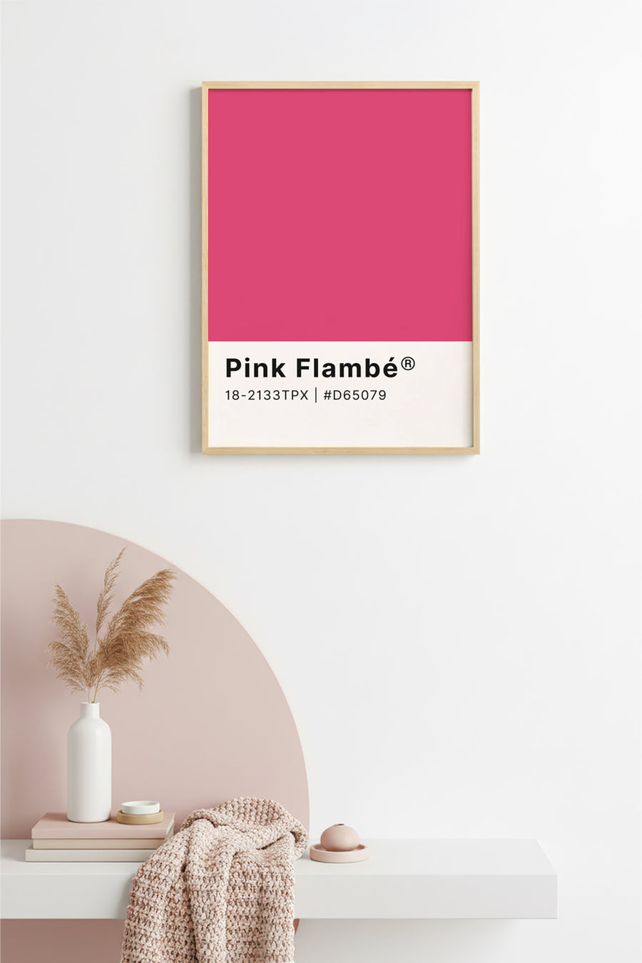 Doğal Ahşap Çerçeveli Retro Tablo - Minimal Pembe Dekoratif Tablo | huhu2456