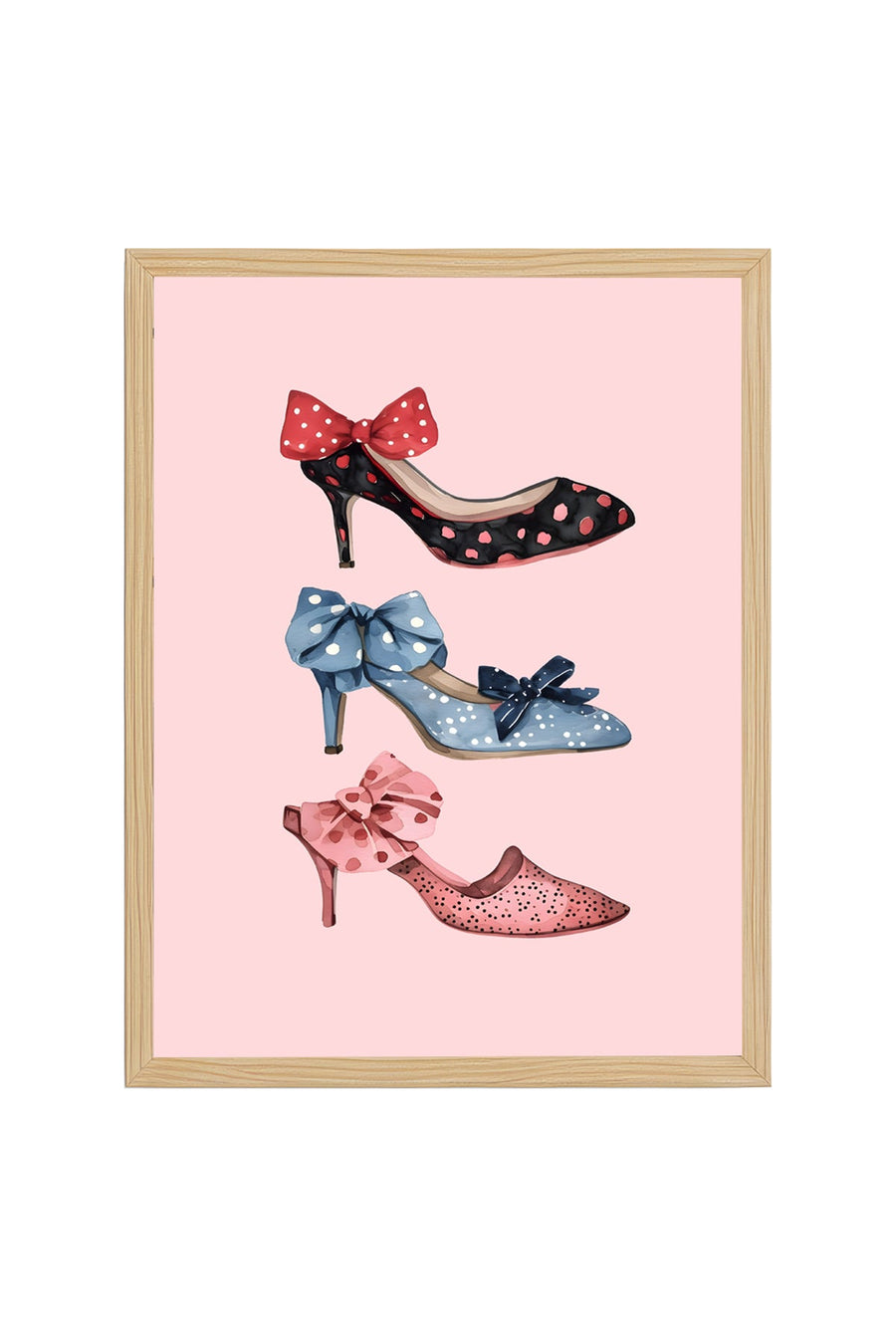 Doğal Ahşap Çerçeveli Retro Tablo - Vintage Polka Dots Ayakkabı | huhu2461