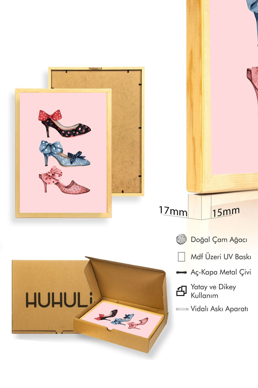 Doğal Ahşap Çerçeveli Retro Tablo - Vintage Polka Dots Ayakkabı | huhu2461