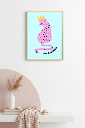 Doğal Ahşap Çerçeveli Retro Kraliçe Kaplan Tablo - Pop Art Tarz | huhu2463
