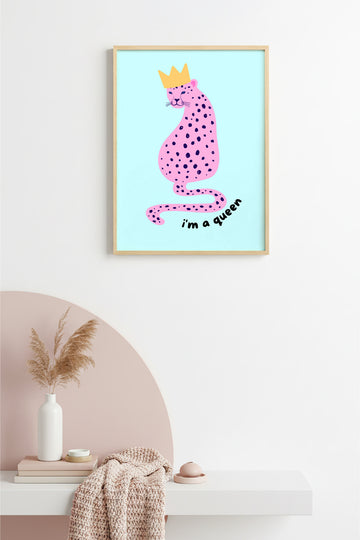 Doğal Ahşap Çerçeveli Retro Kraliçe Kaplan Tablo - Pop Art Tarz | huhu2463