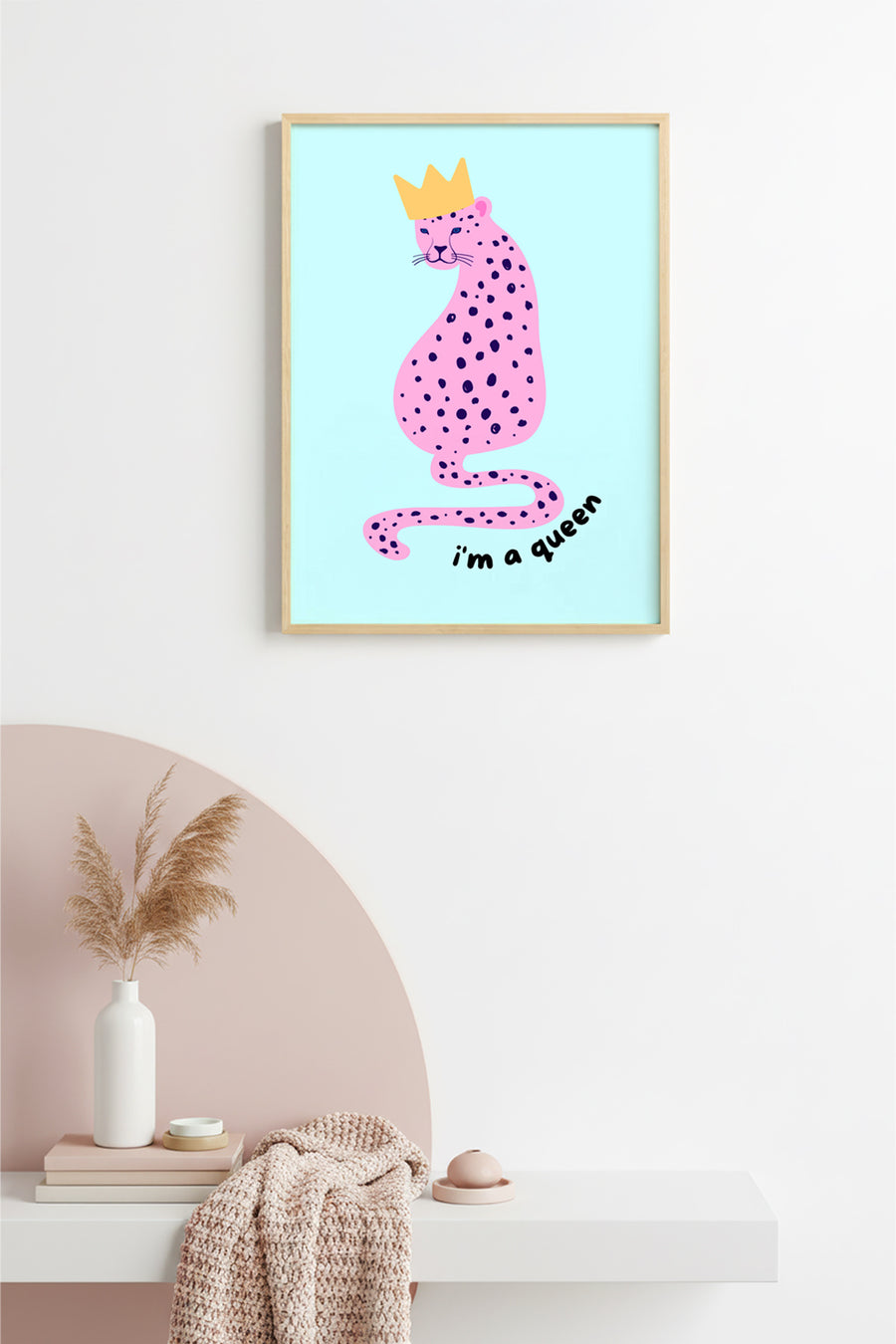 Doğal Ahşap Çerçeveli Retro Kraliçe Kaplan Tablo - Pop Art Tarz | huhu2463
