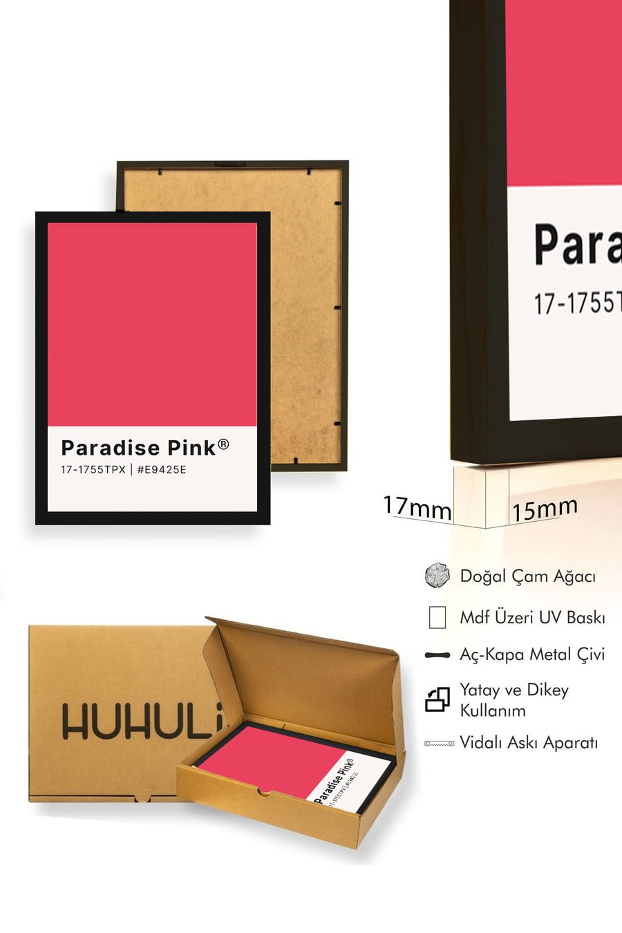 Doğal Ahşap Çerçeveli Retro Tablo - Pastel Pembe | huhu2465
