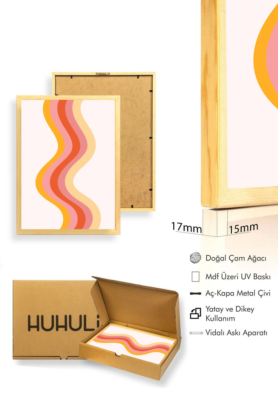 Doğal Ahşap Çerçeveli Retro Tablo - Soyut Dalga Deseni - Canlı Tonlar | huhu2474