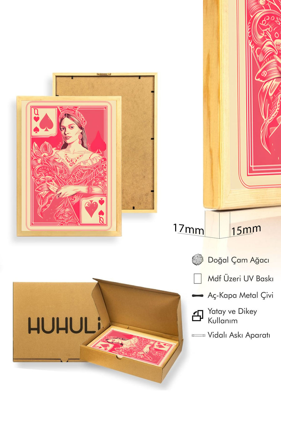 Doğal Ahşap Çerçeveli Retro Portre Tablo - Vintage Pembe Kız Portresi | huhu2476