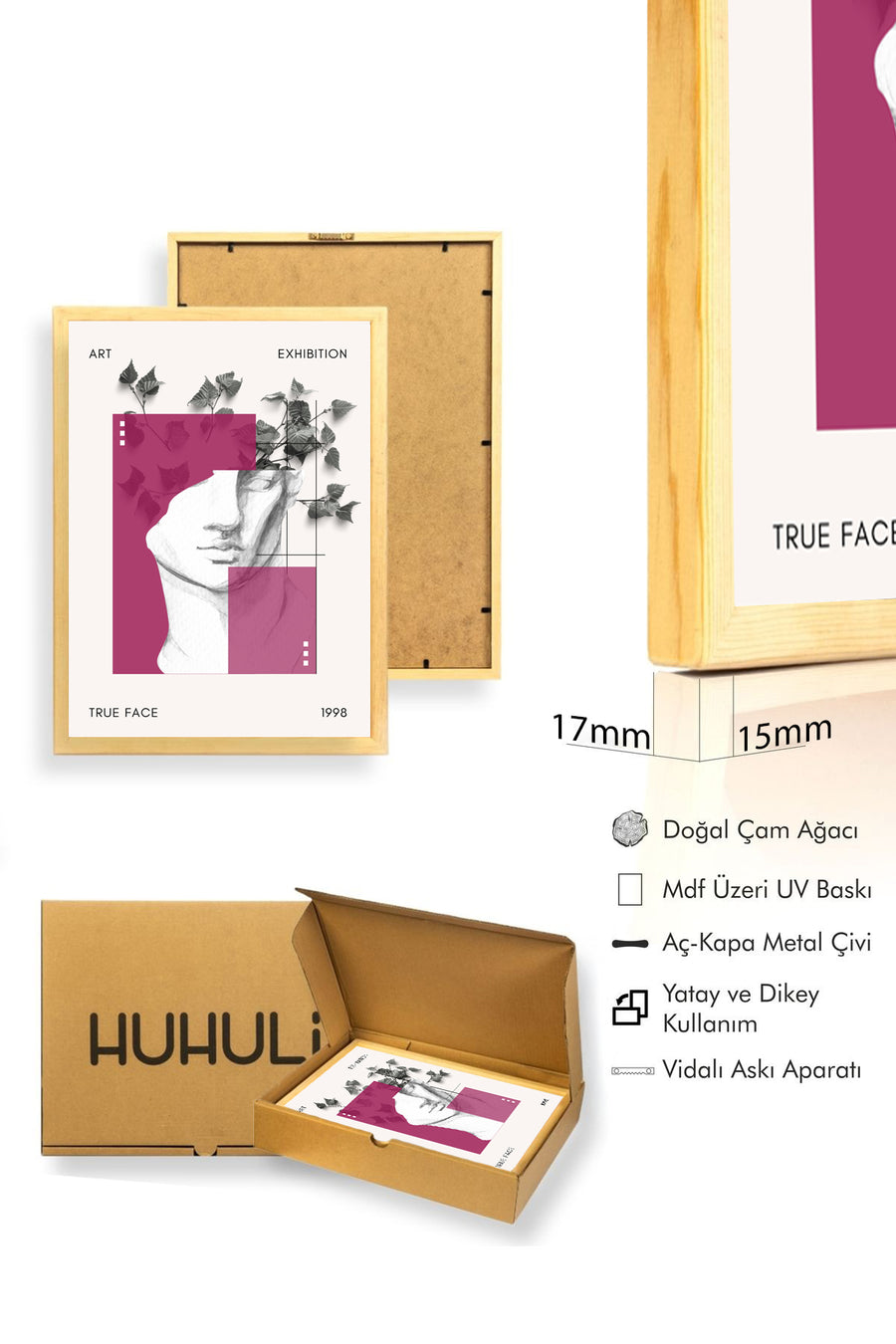 Doğal Ahşap Çerçeveli Retro Tablo - Yapraklı Kadın Portresi - Soluk Pembe | huhu2482