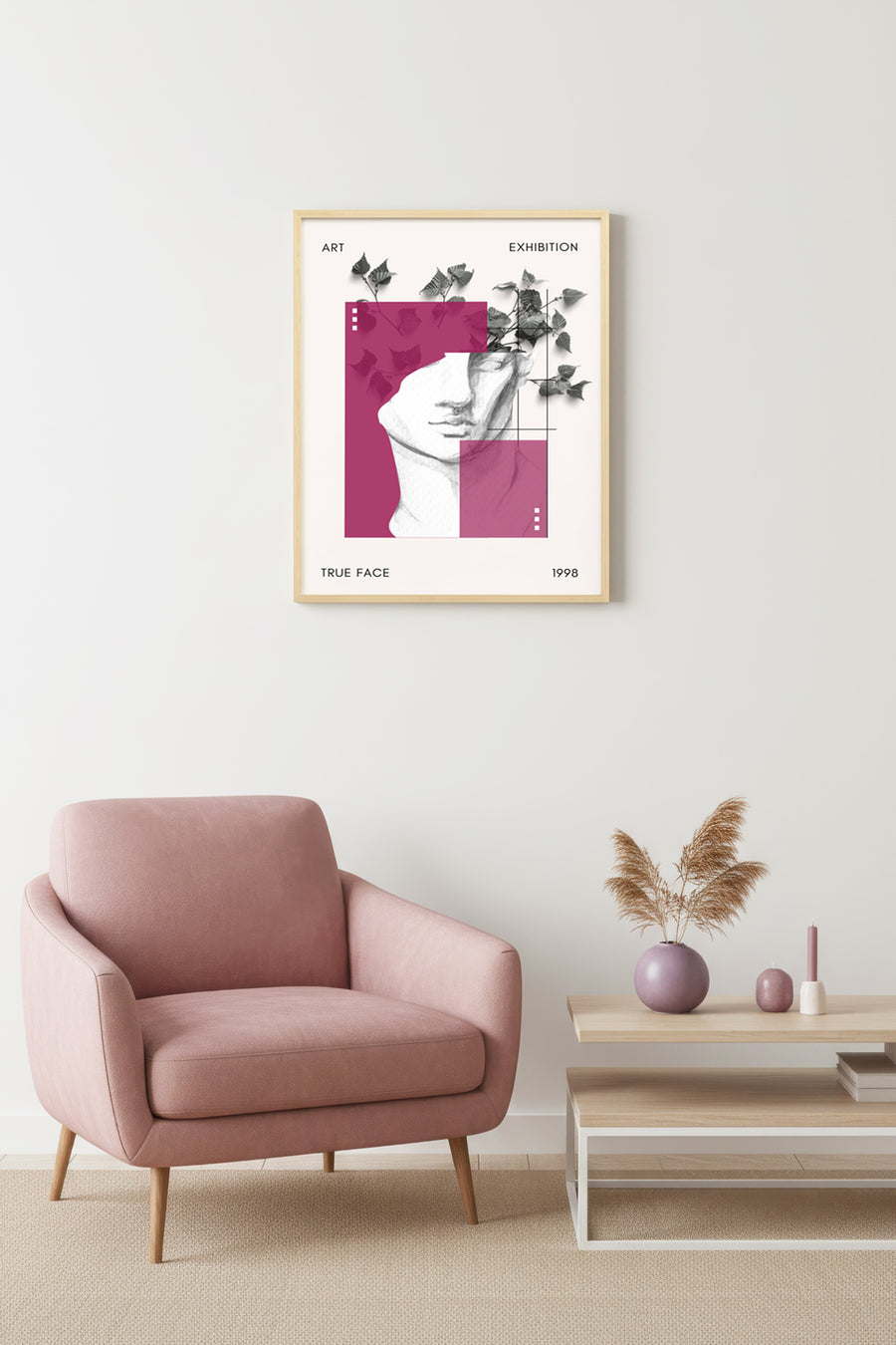 Doğal Ahşap Çerçeveli Retro Tablo - Yapraklı Kadın Portresi - Soluk Pembe | huhu2482