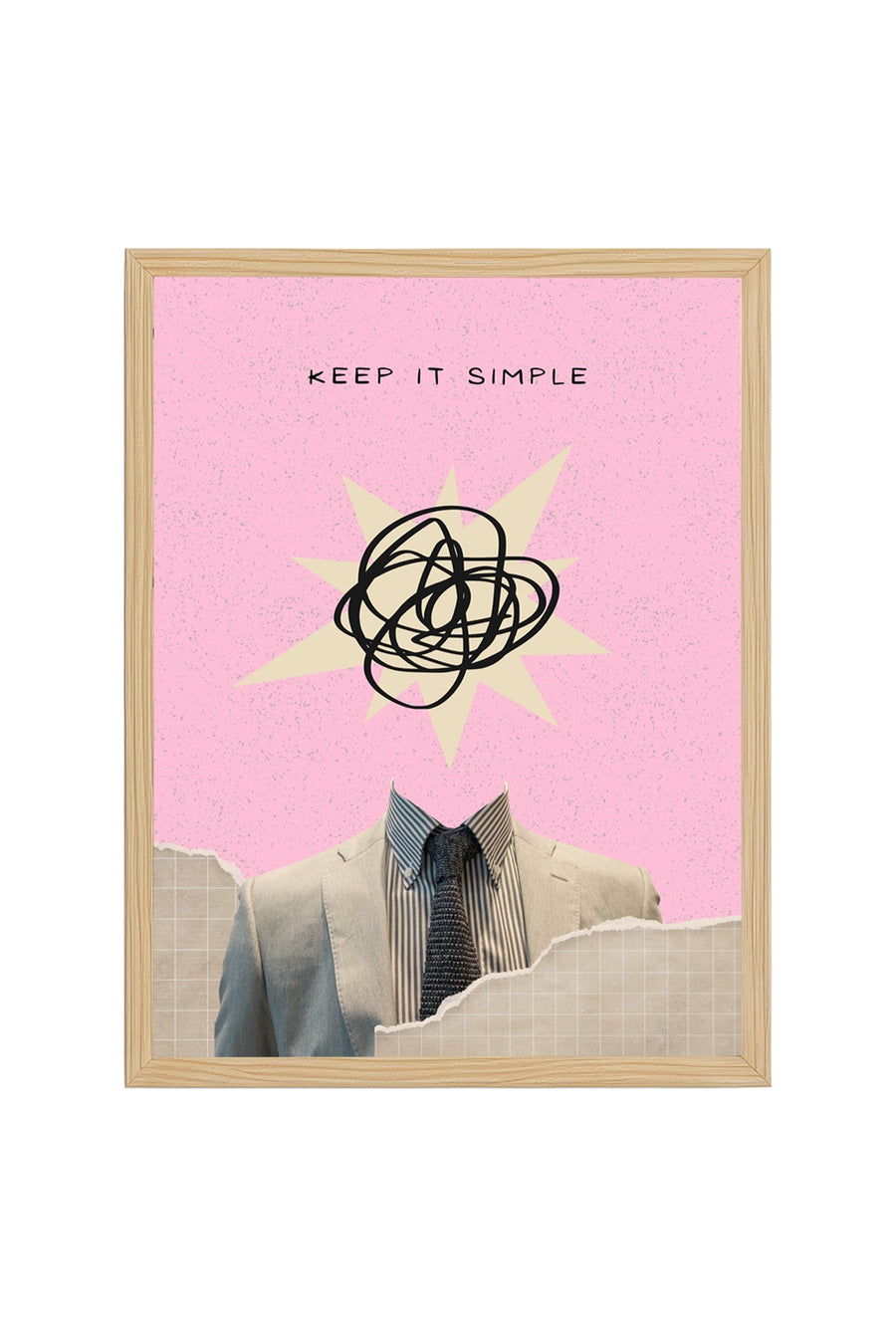 Doğal Ahşap Çerçeveli Retro Tablo - Minimalist Soyut Çizgi | huhu2483