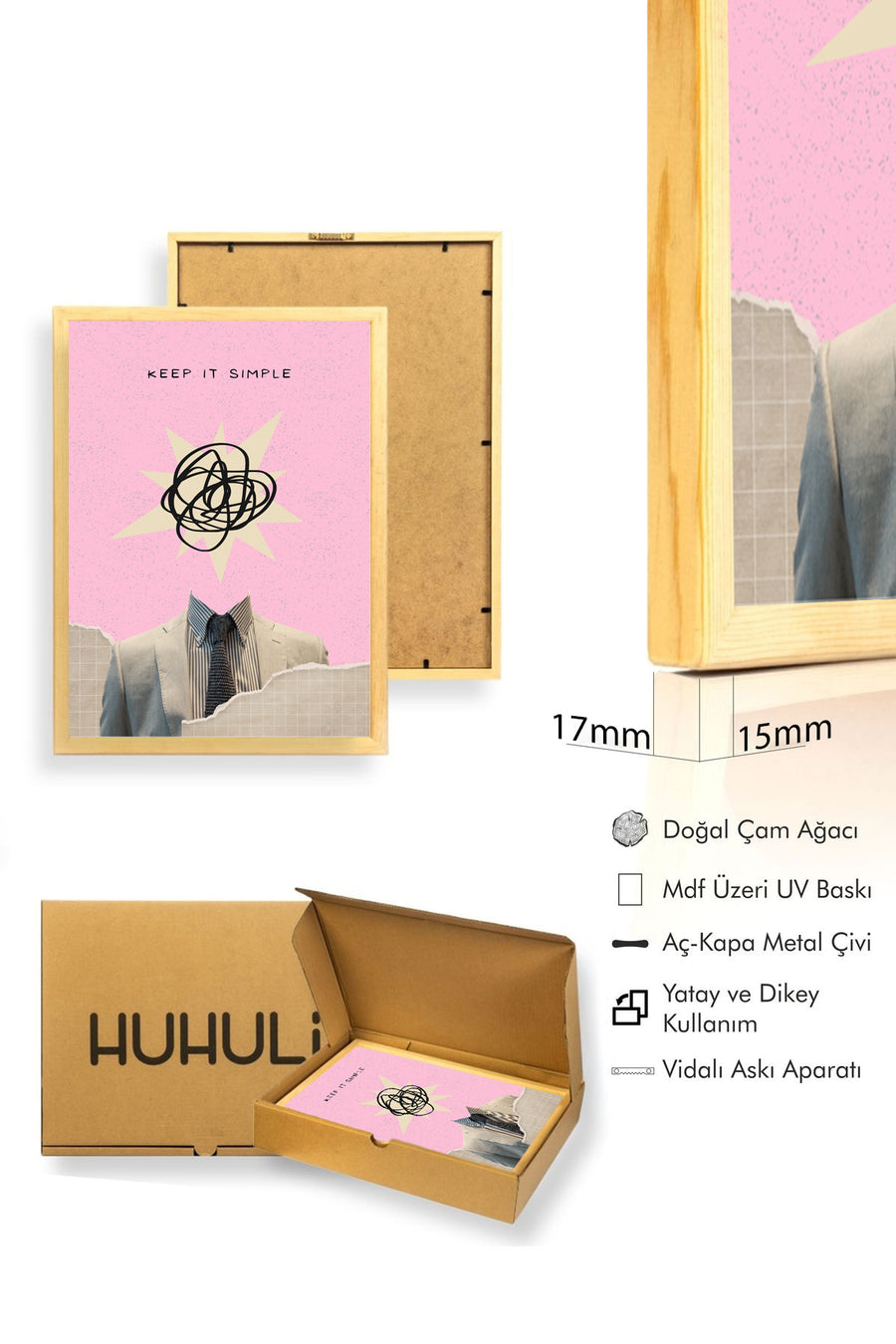 Doğal Ahşap Çerçeveli Retro Tablo - Minimalist Soyut Çizgi | huhu2483