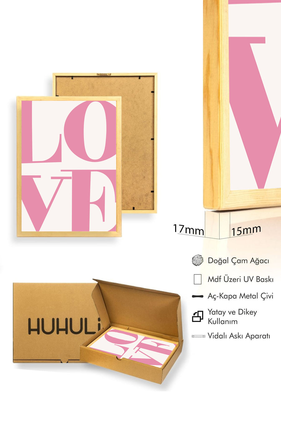 Doğal Ahşap Çerçeveli Retro Tablo - Love Yazısı Minimalist | huhu2487