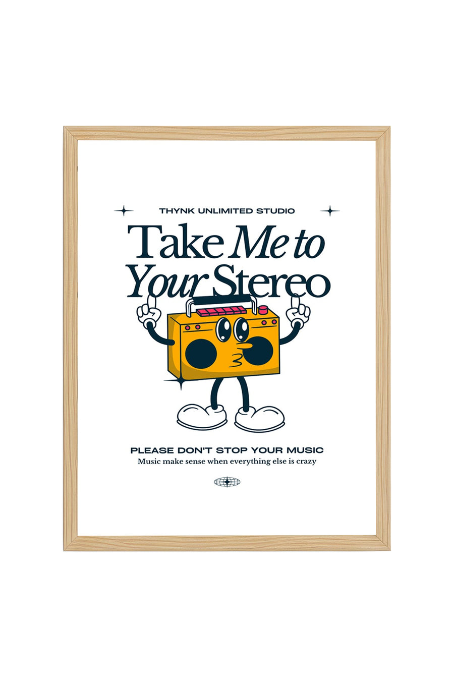 Doğal Ahşap Çerçeveli Retro Stereo Müzik Tablo - Vintage Pop Art | huhu2489