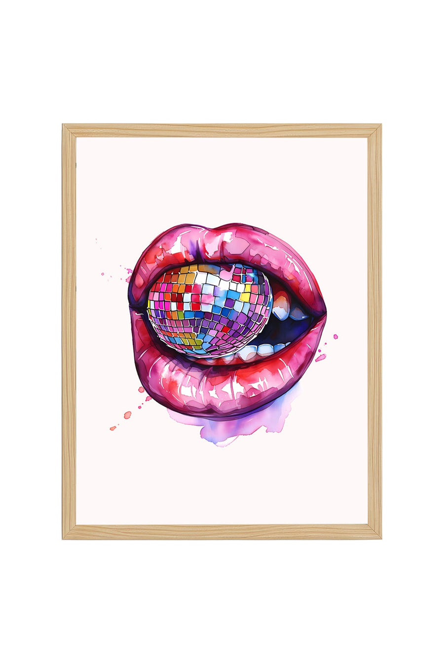 Doğal Ahşap Çerçeveli Retro Pop Art Dudak Tablo - Mozaik Desenli | huhu2490