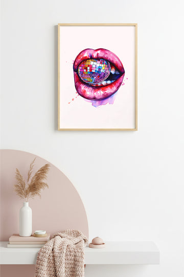 Doğal Ahşap Çerçeveli Retro Pop Art Dudak Tablo - Mozaik Desenli | huhu2490