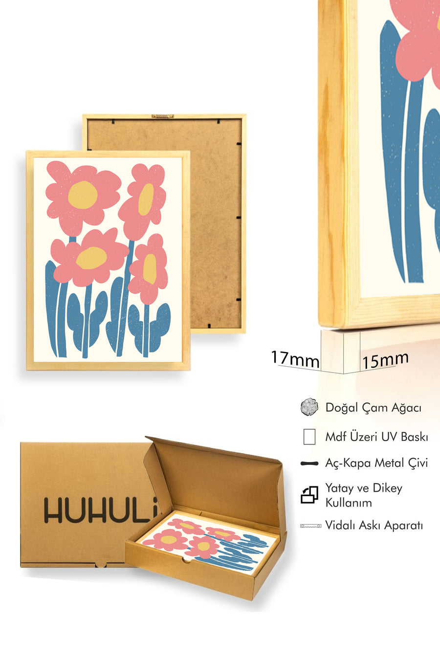 Doğal Ahşap Çerçeveli Retro Çiçek Tablo - Boho Pastel Tonlar | huhu2491