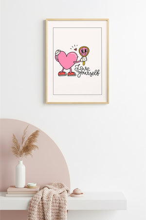 Doğal Ahşap Çerçeveli Retro Kalp Tablo - Self Love Pembe | huhu2492
