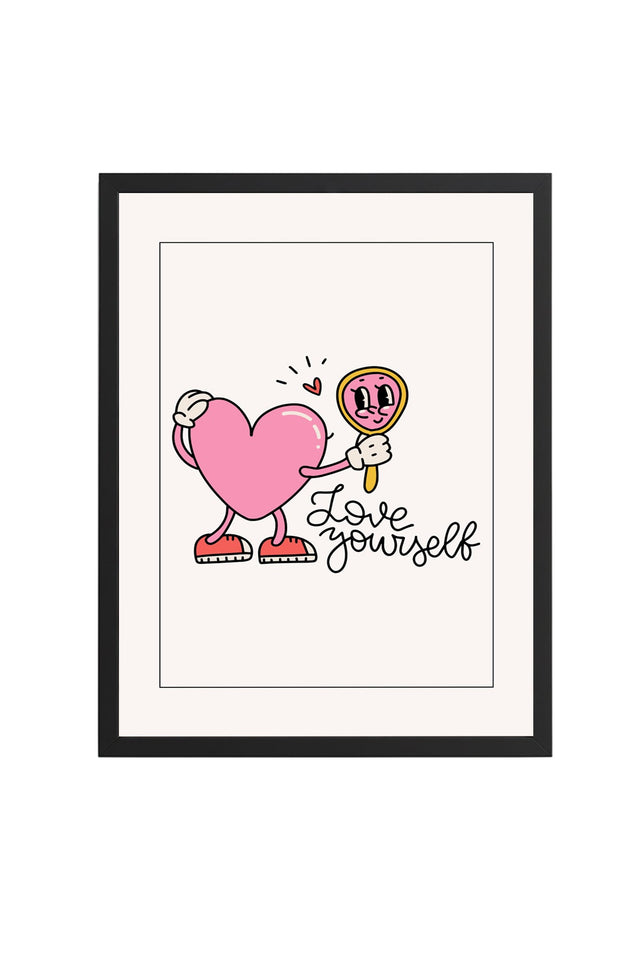 Doğal Ahşap Çerçeveli Retro Kalp Tablo - Self Love Pembe | huhu2492