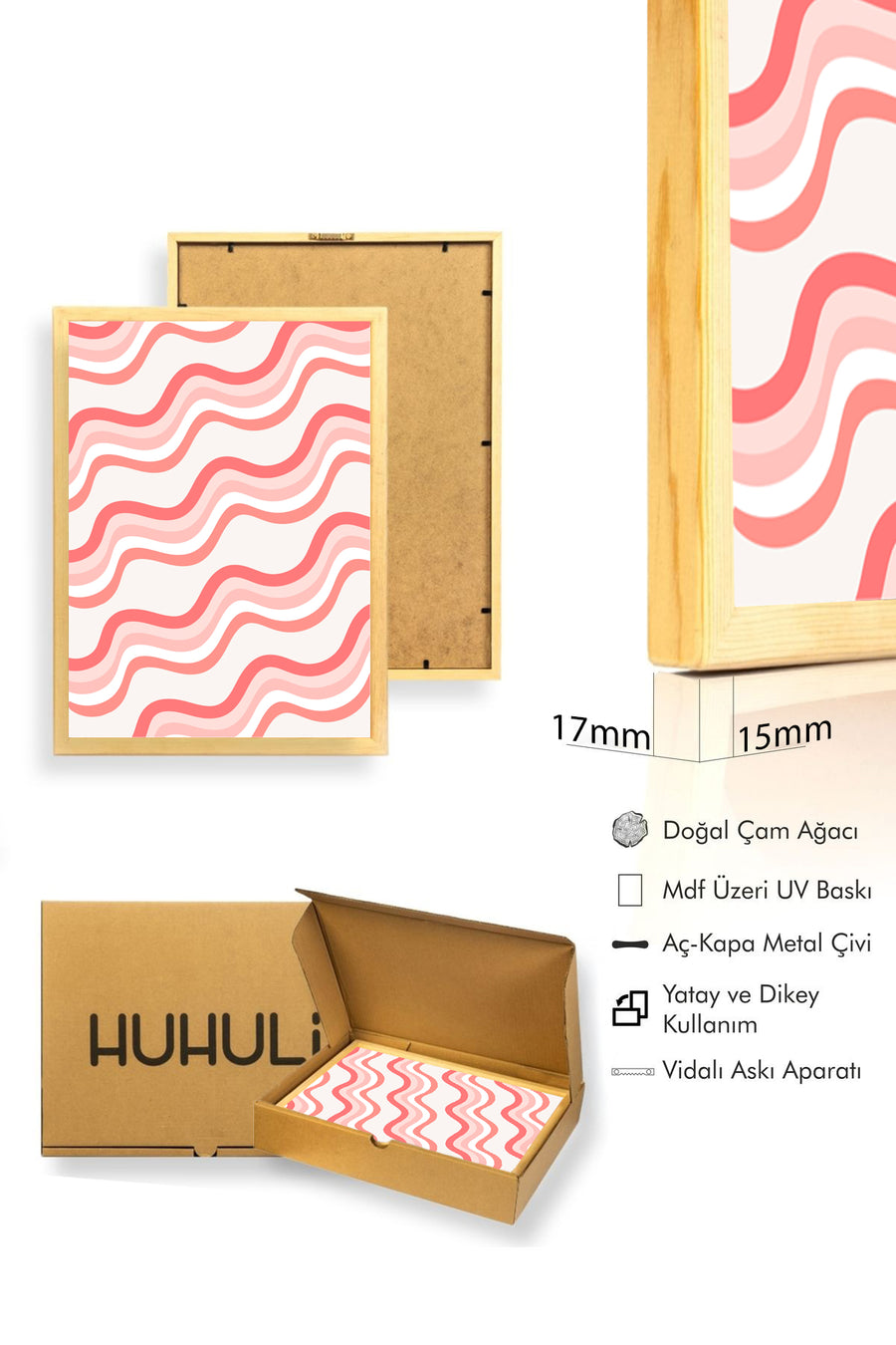 Doğal Ahşap Çerçeveli Retro Tablo - Dalgalı Geometrik Desenli Pastel | huhu2496