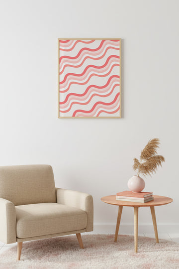 Doğal Ahşap Çerçeveli Retro Tablo - Dalgalı Geometrik Desenli Pastel | huhu2496