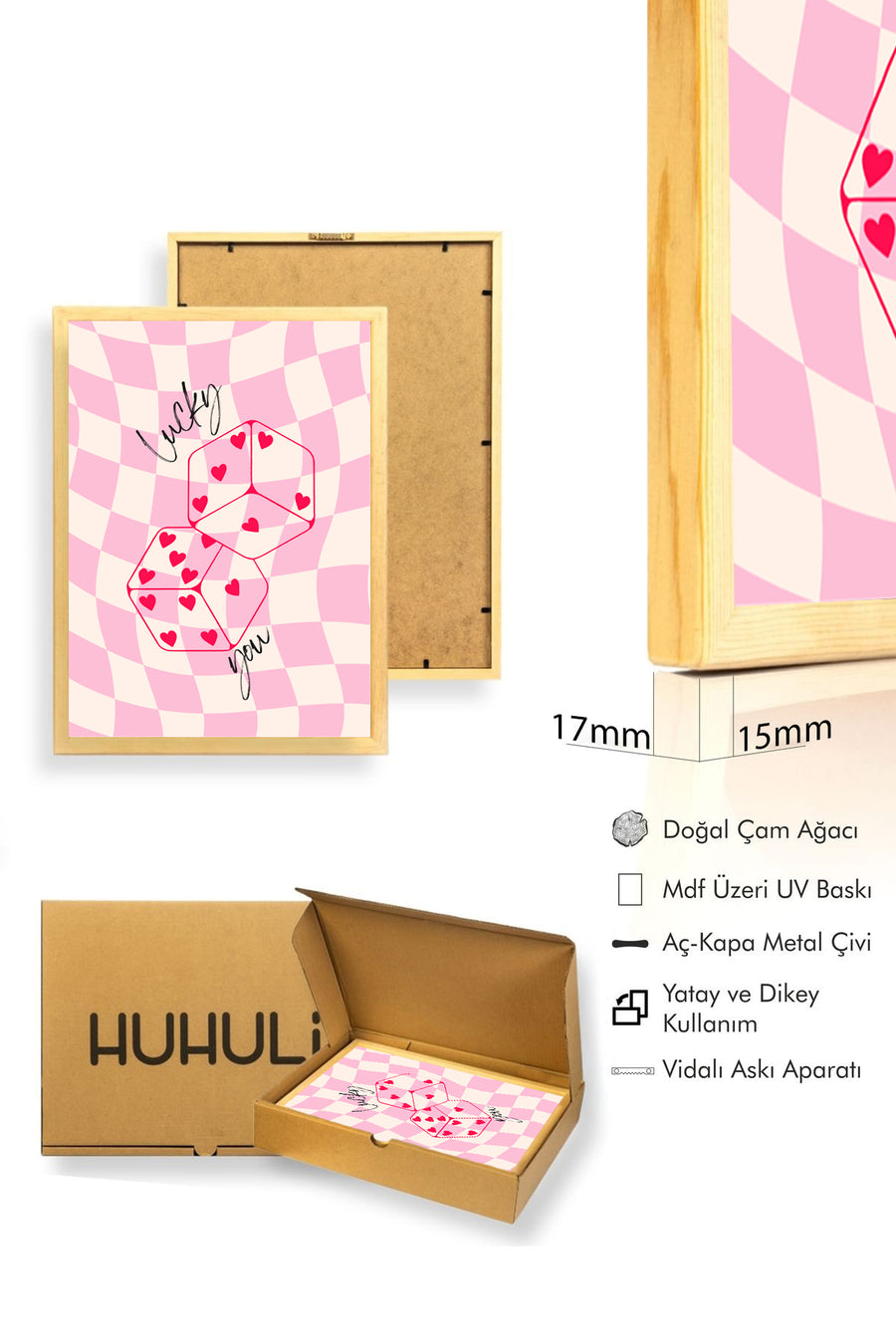 Doğal Ahşap Çerçeveli Retro Tablo - Kalp Desenli Romantik Geometrik | huhu2497